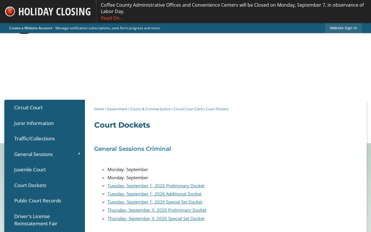 Tullahoma residents directory Coffee County court docket page