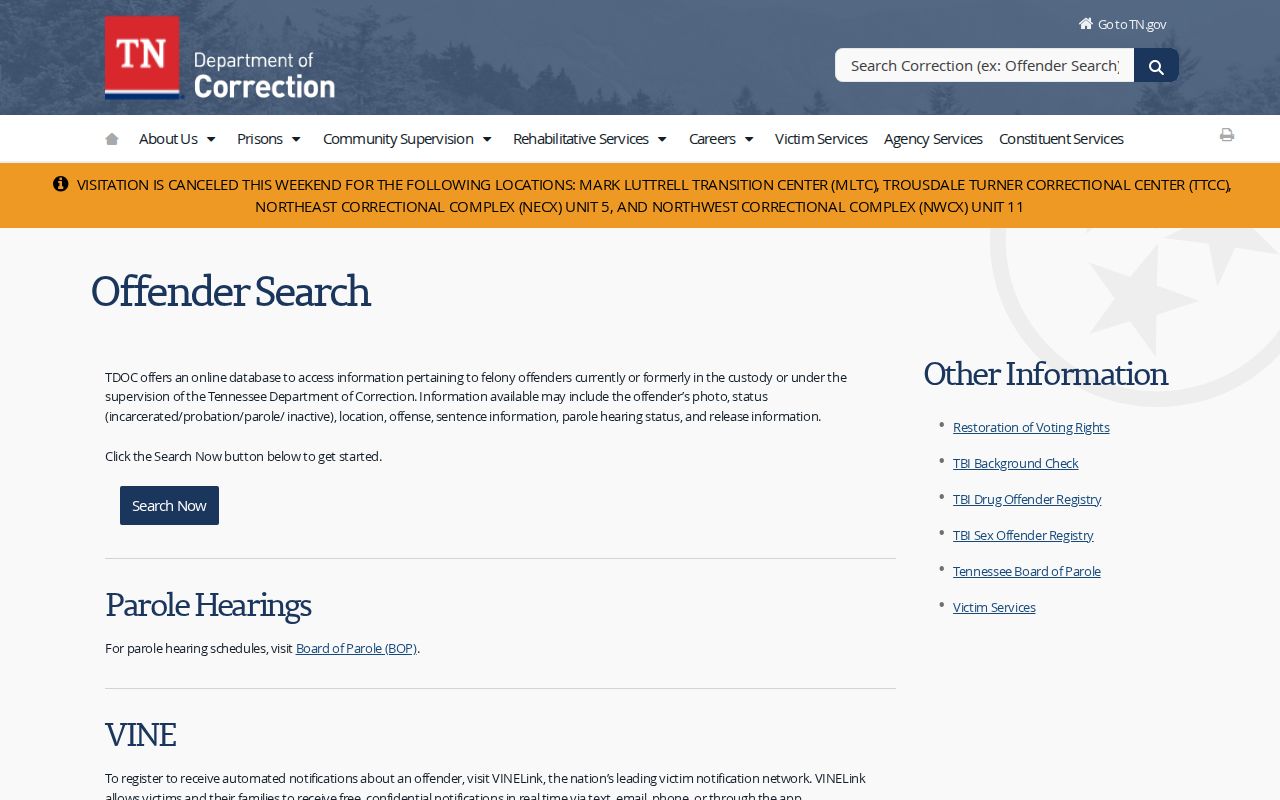 Tullahoma residents directory Tennessee Department of Correction offender search page