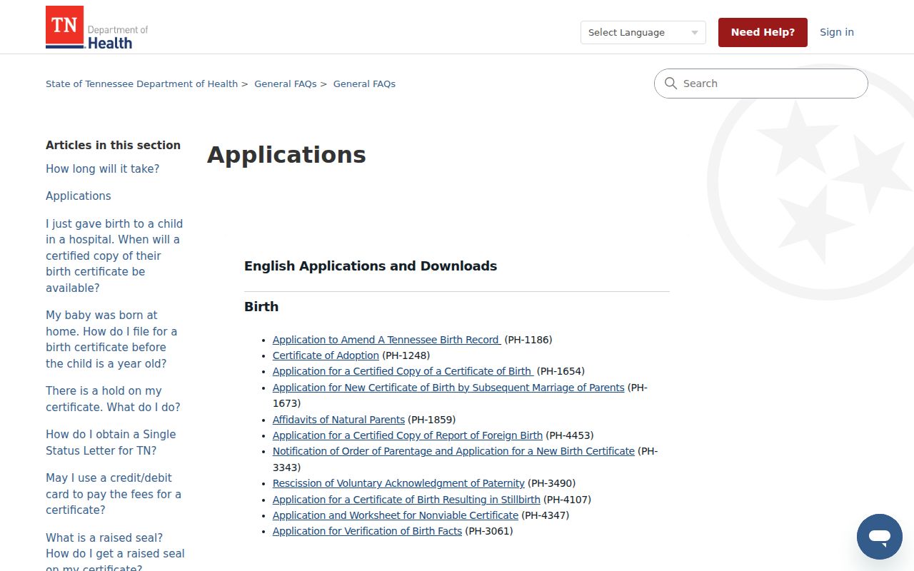 Tullahoma residents directory Tennessee Vital Records applications page